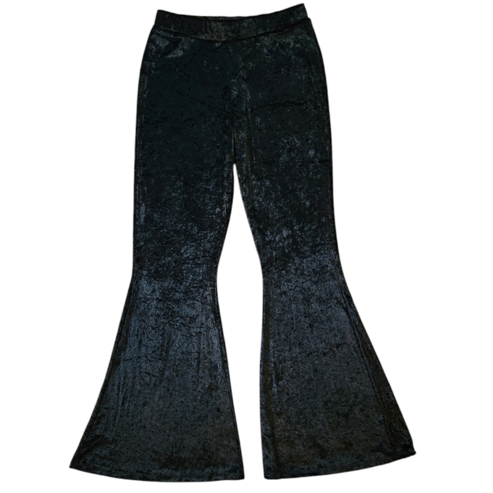 Vintage 90s Y2K Crushed Velvet Bell Bottom Pants Black Small Whimsigoth